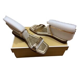 Michael Kors Gold Metallic Leather Square Toe Flat Sandals MK Bit Hardware 7M
